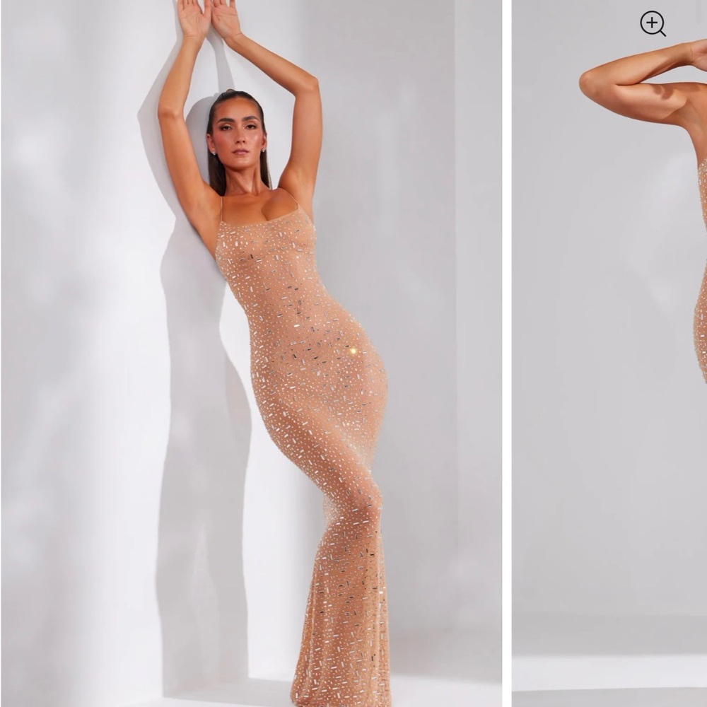 Oh Polly Antonella Evening Gown Nude Sheer Embellished with Silver Gemstones
